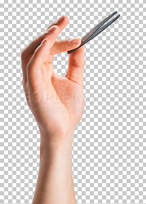 Buy stock photo Hand, tweezers and cosmetic tools for plucking eyebrow isolated on a transparent, png background for beauty. Hands closeup of a person advertising hair removal, epilation and spa cosmetology product
