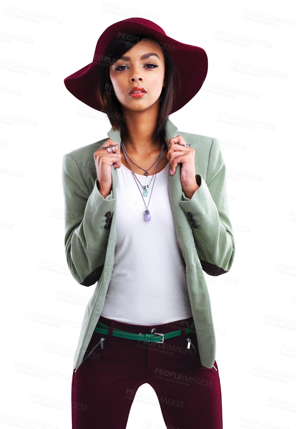 Buy stock photo Woman, gen z fashion and portrait with confidence isolated on a transparent, png background. Winter clothing, hat and beauty of a young female person with elegant clothes and formal elegance