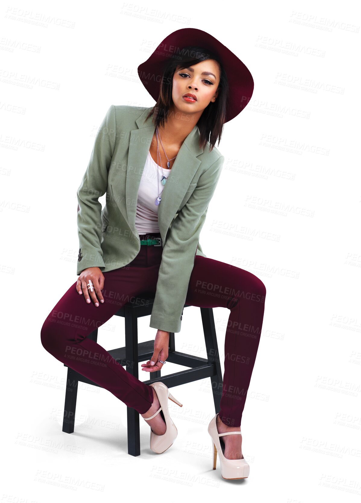 Buy stock photo Fashion, portrait of woman on chair with hat and designer clothes isolated on transparent png background. Trendy gen z model sitting in luxury clothing brand and unique youth culture with cool style.