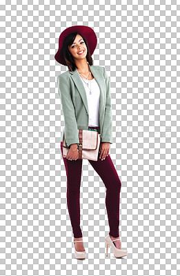 Buy stock photo Fashion, portrait of happy woman with hat and bag in designer clothes isolated on transparent png background. Trendy gen z model, luxury clothing brand and unique youth culture with style and smile.