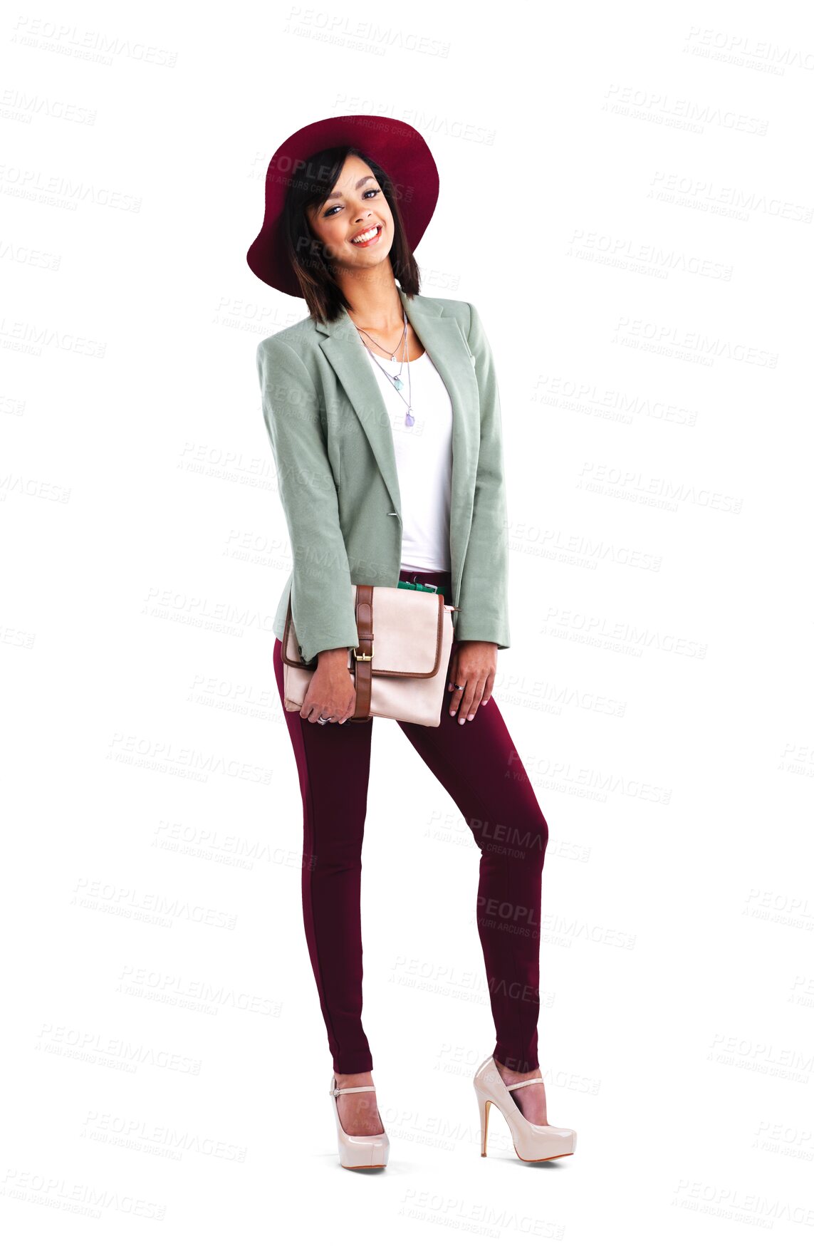 Buy stock photo Fashion, portrait of happy woman with hat and bag in designer clothes isolated on transparent png background. Trendy gen z model, luxury clothing brand and unique youth culture with style and smile.