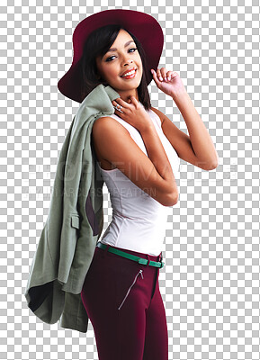 Buy stock photo Fashion, beauty and portrait of happy woman in hat and designer clothes isolated on transparent png background. Trendy gen z model, luxury clothing brand and unique youth culture with style and smile