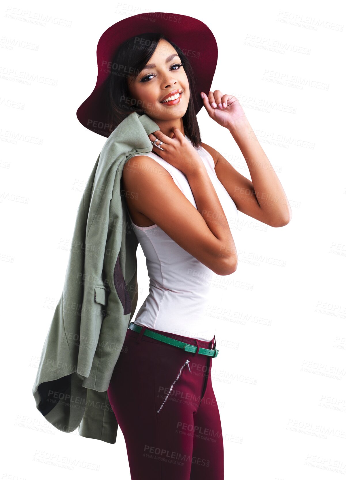 Buy stock photo Fashion, beauty and portrait of happy woman in hat and designer clothes isolated on transparent png background. Trendy gen z model, luxury clothing brand and unique youth culture with style and smile