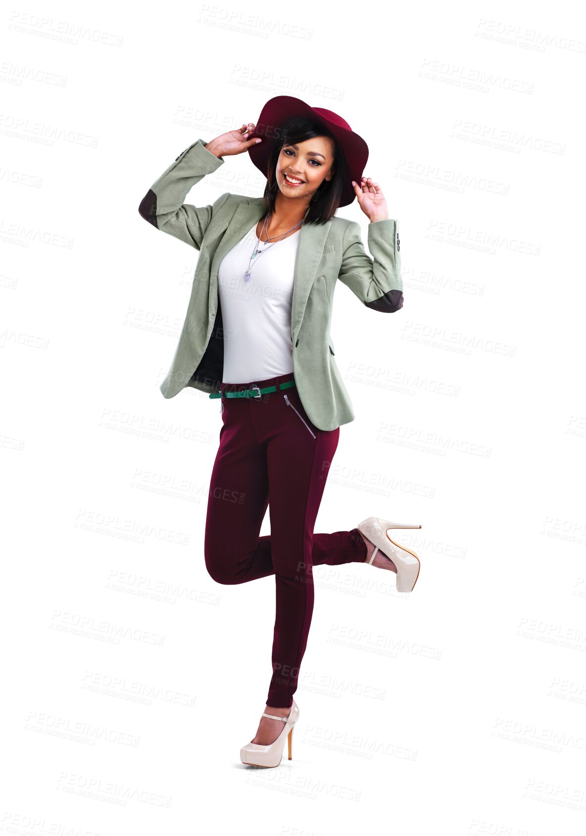 Buy stock photo Fashion, smile and portrait of woman in hat and designer clothes isolated on transparent png background. Trendy gen z model, luxury clothing brand and unique youth culture with happy style and beauty