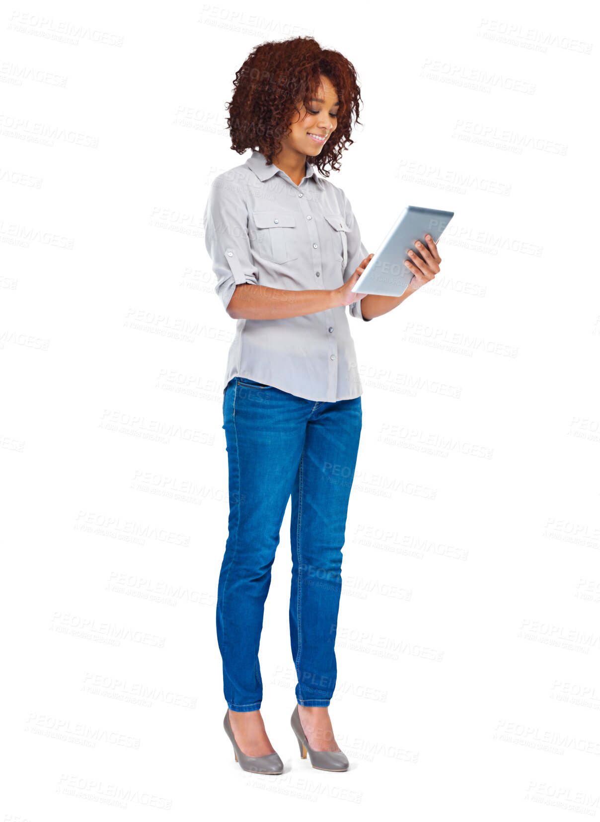 Buy stock photo Business, digital tablet and happy black woman on isolated, transparent and png background. Planning, schedule and African female manager online for social media, management and creative idea plan