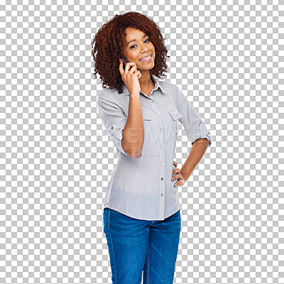 Buy stock photo Smartphone call, smile and portrait of woman listening to cellphone discussion, networking chat or user feedback. Phone connection, contact us and person talk isolated on transparent, png background