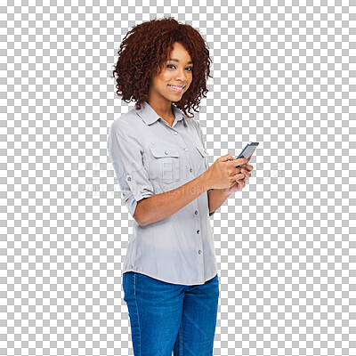 Buy stock photo Cellphone, portrait and happy woman reading, typing or check email, social network app or contact mobile user. Smile, phone and African person online shopping isolated on transparent, png background