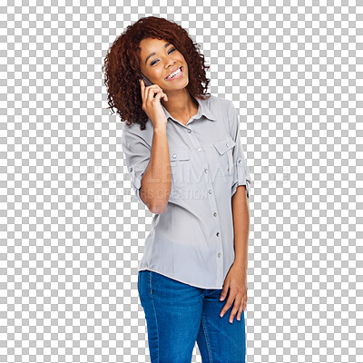 Buy stock photo Smartphone call, portrait and happy woman laugh at funny discussion, comedy conversation or cellphone joke. Phone connection, chat humour and laughing person isolated on transparent, png background