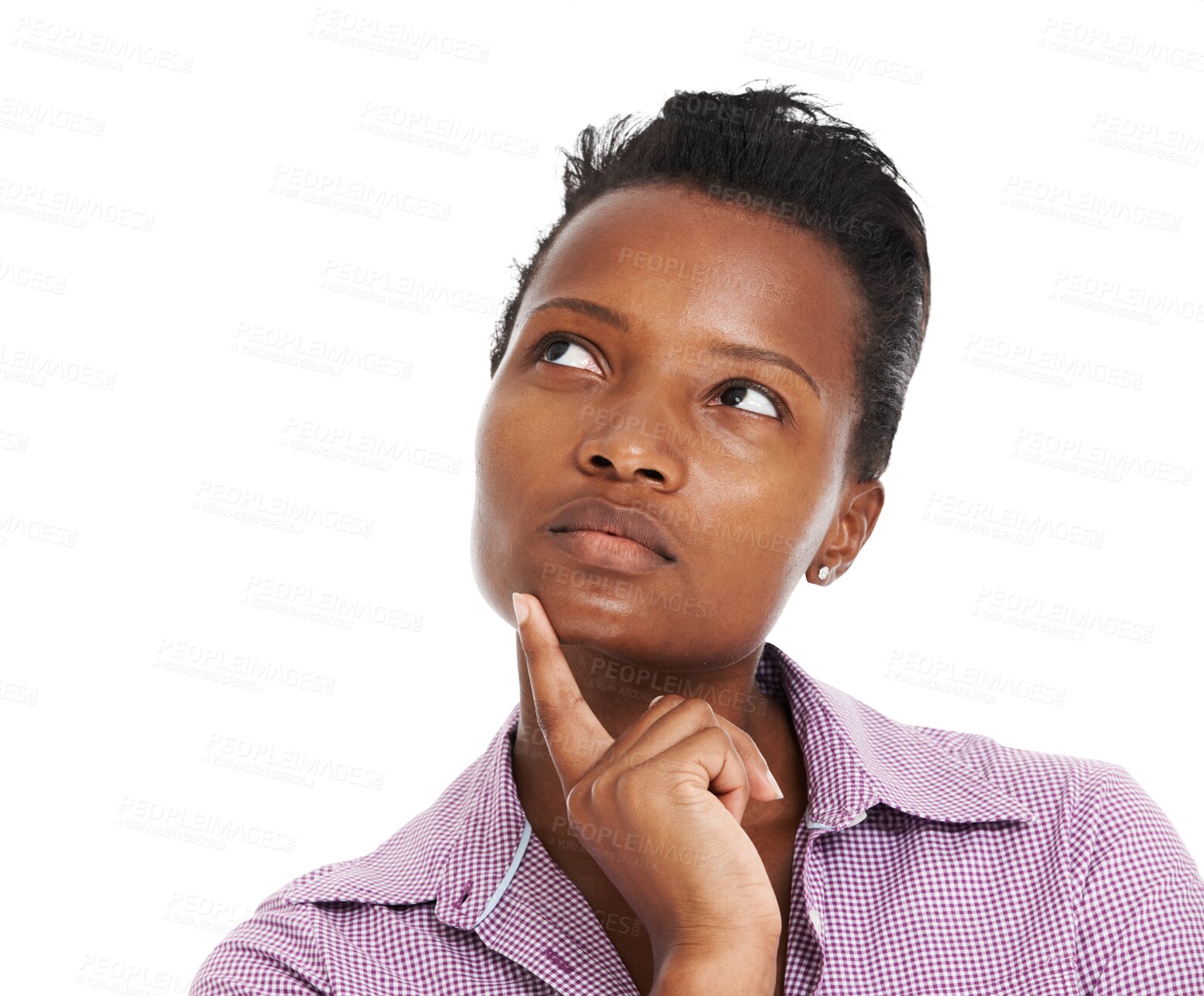 Buy stock photo Face, thinking and black woman with questions on isolated, transparent and png background. Doubt, why and African female person with choice, emoji or decision, solution and problem solving expression