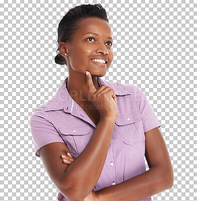 Buy stock photo Thinking, questions and happy black woman on isolated, transparent and png background. Ideas, solution and African female person smile for problem solving, emoji or brainstorming, plan or inspiration