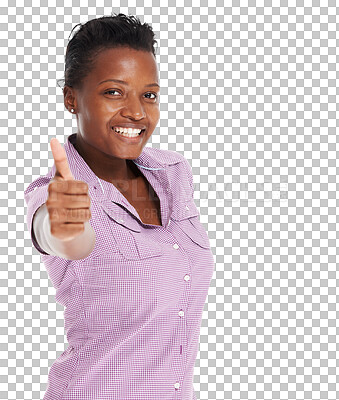 Buy stock photo Portrait, thumbs up and black woman happy on isolated, transparent and png background with thank you sign. Face, smile and African female customer with finger emoji for feedback, vote or good review