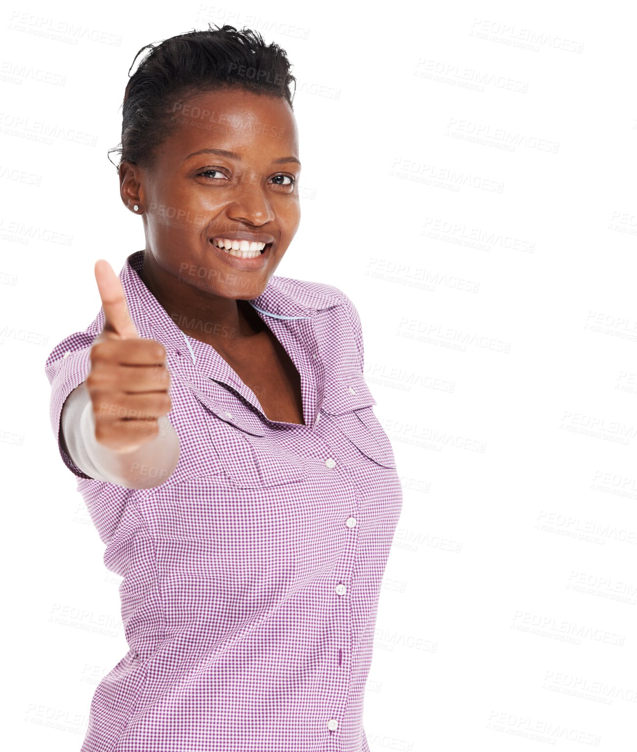 Buy stock photo Portrait, thumbs up and black woman happy on isolated, transparent and png background with thank you sign. Face, smile and African female customer with finger emoji for feedback, vote or good review