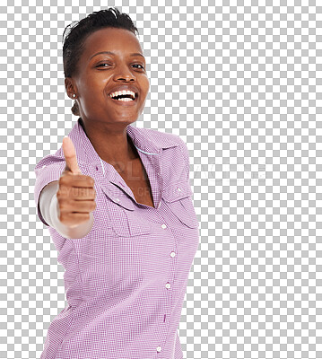 Buy stock photo Thumbs up, portrait and black woman happy on isolated, transparent and png background with thank you sign. Face, smile and African female customer with finger emoji for feedback, good or review