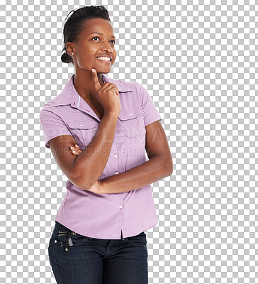 Buy stock photo Smile, thinking and black woman with idea on isolated, transparent and png background. Why, face and African female model planning, solution and emoji, problem solving and creative plan inspiration