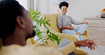 Relax, conversation and laugh with black couple in living room for communication, bonding and break. Happiness, discussion and weekend with man and woman at home for positive, free time and lounge