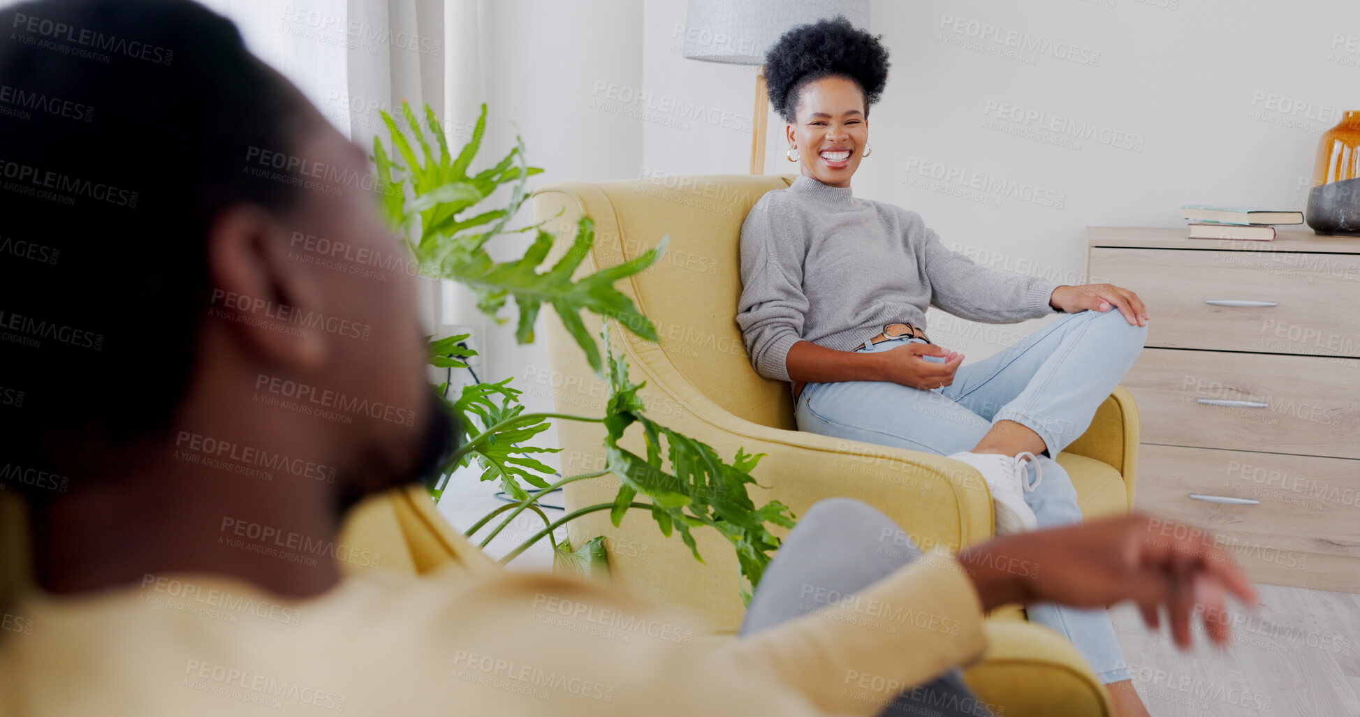 Buy stock photo Relax, conversation and laugh with black couple, living room and communication, bonding together or break. Happiness, discussion or smiling at man, woman and family home on sofa, free time or leisure