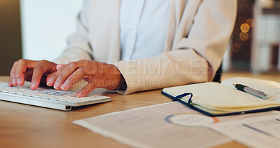 Buy stock photo Hands, typing and business woman in the office doing research for a corporate legal project. Technology, notebook and professional female attorney working on a law case with keyboard in workplace.