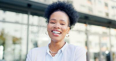 Buy stock photo Business, portrait and happy black woman in city for corporate career or job outdoor. Face, confident professional and African entrepreneur, employee and consultant working in urban town in Nigeria