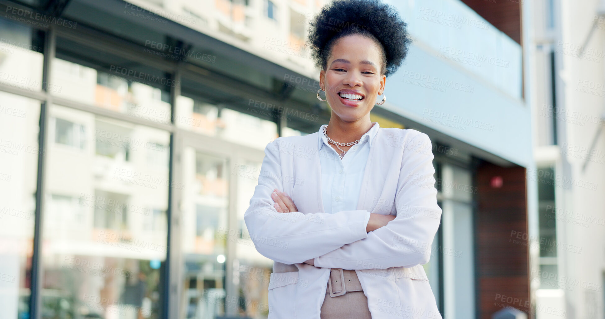 Buy stock photo Business, portrait and black woman with arms crossed in city for corporate career outdoor. Happy face, confident professional and African entrepreneur, employee or consultant in urban town in Nigeria