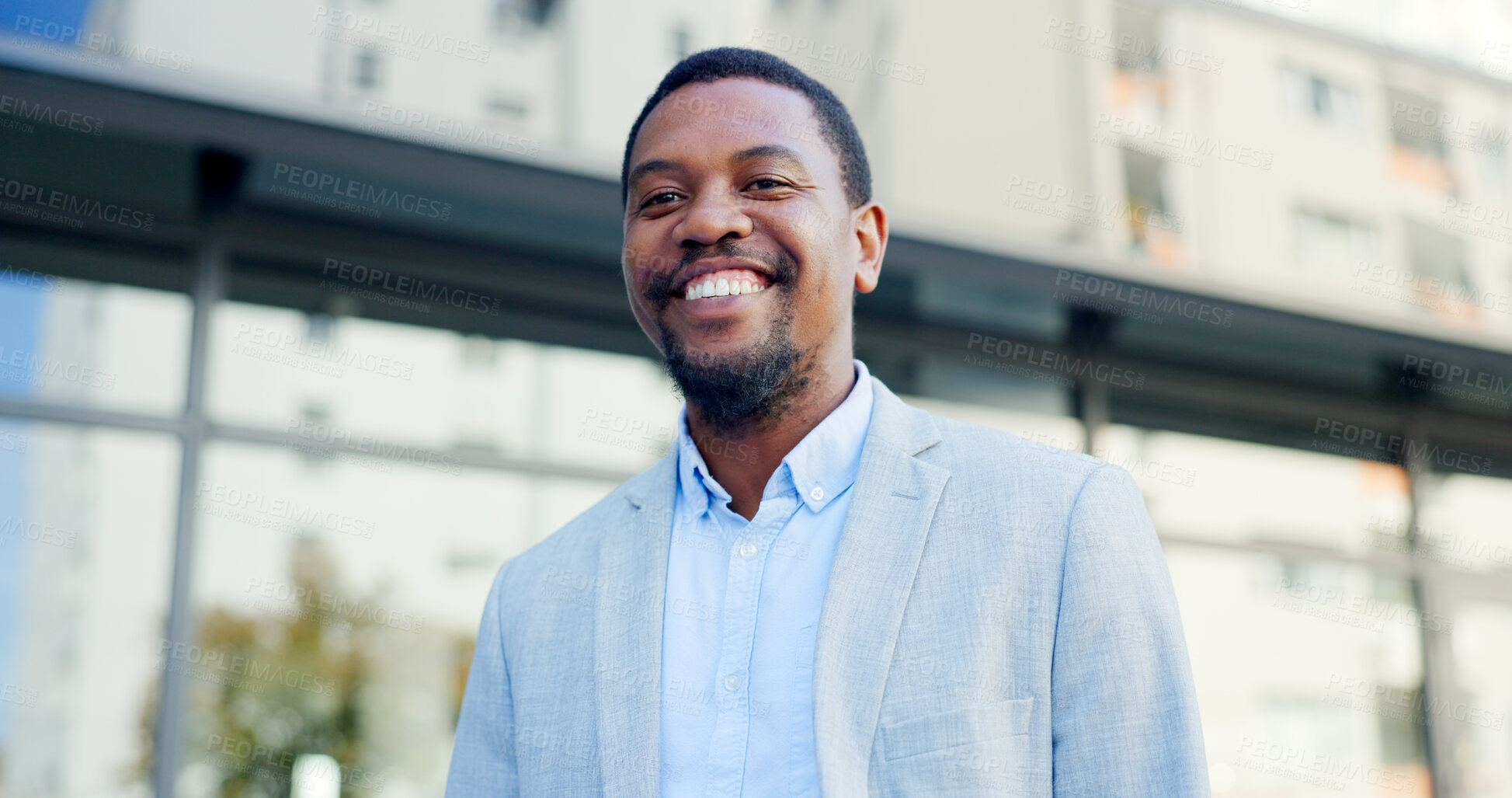 Buy stock photo Black man, walking and businessman travel a city, happy outdoor and professional commute in the morning. Worker, office building and corporate employee in a town street on a break, smile and on trip