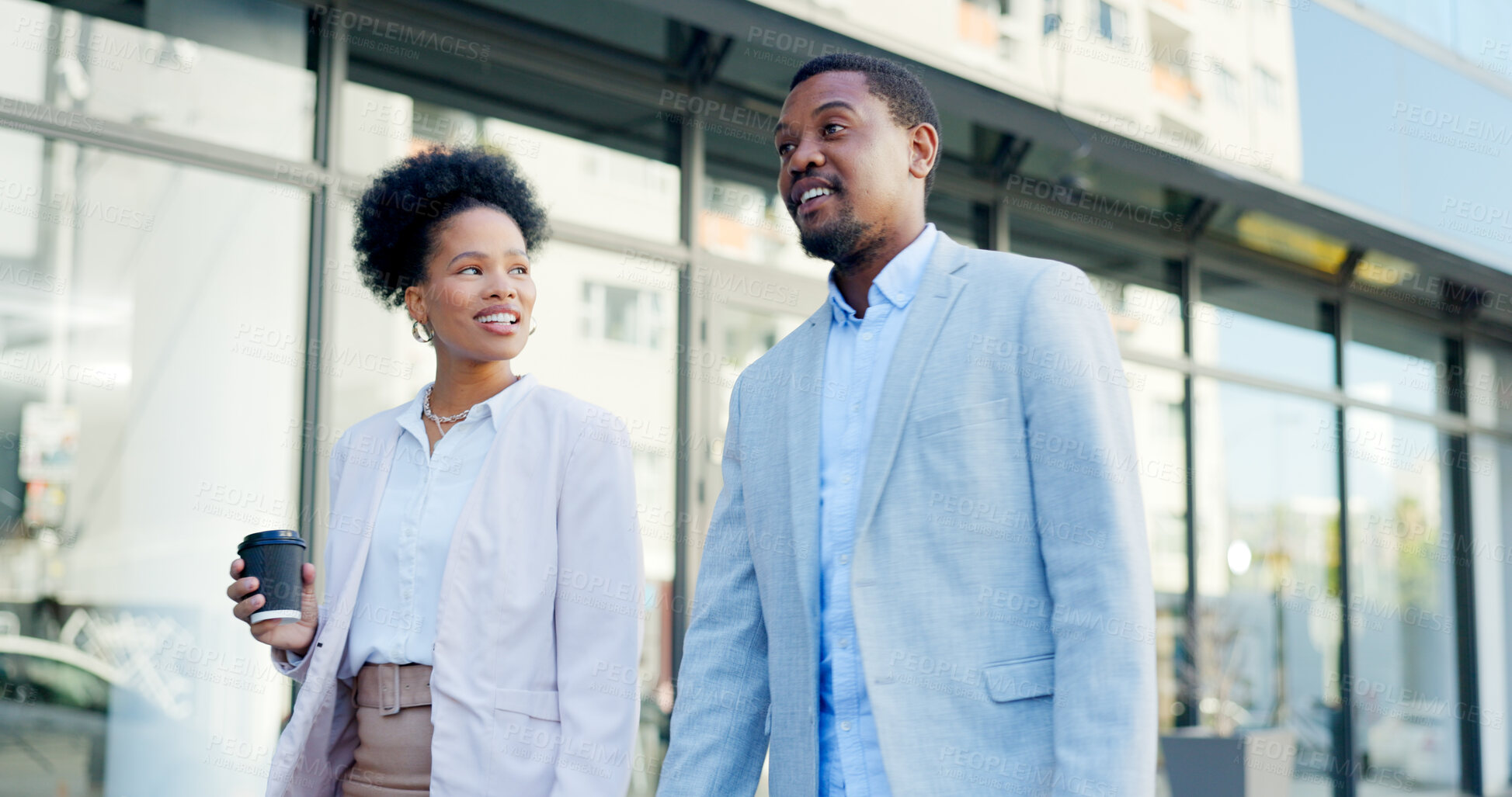 Buy stock photo Travel, talking and business people and walking in city for conversation, teamwork discussion and partnership. Corporate, commute and man and woman chat in street  with ideas, planning and happiness