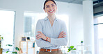 Business woman, face and laughing with arms crossed in office for happiness, confidence and motivation in Norway. Happy female worker, portrait and smile for corporate pride, empowerment and ambition