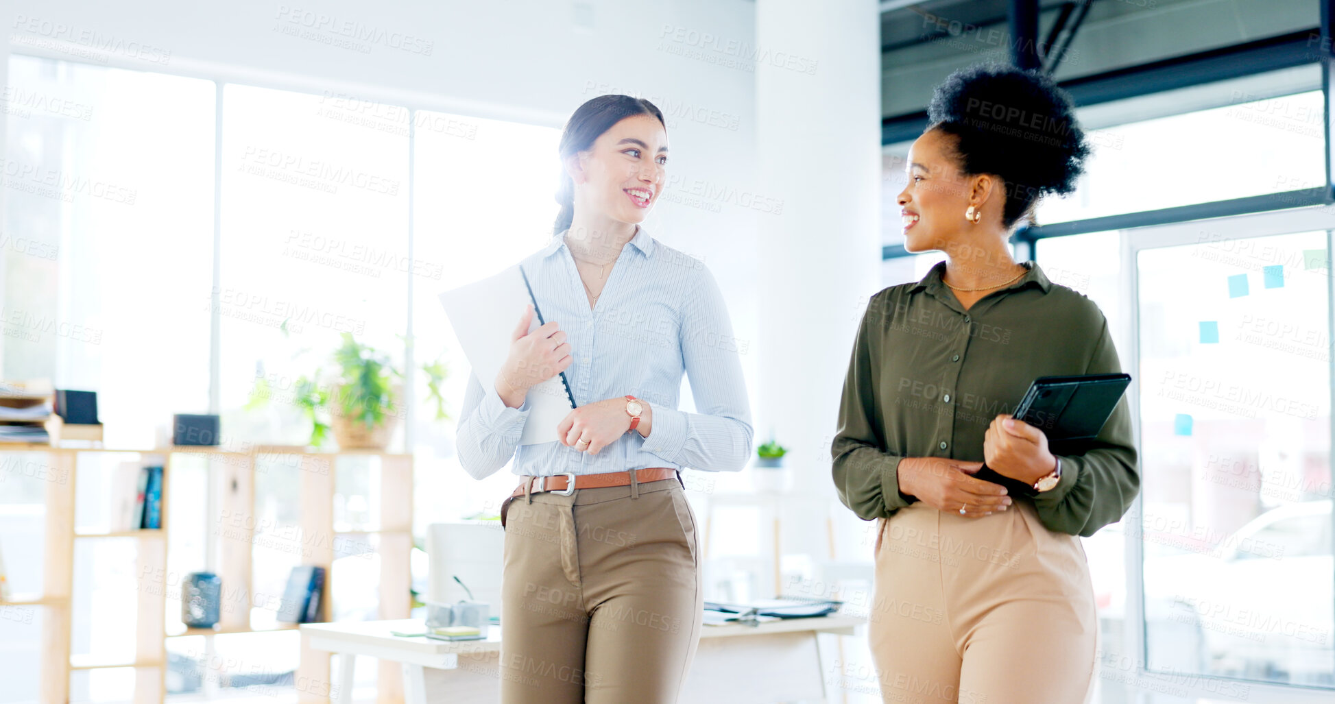 Buy stock photo Collaboration, partnership and business women walking in the office for planning as a company team. Smile, teamwork and conversation with young employee people in the workplace for discussion