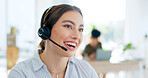 Contact us, call center consulting or happy woman speaking or talking in communications company office. Crm, friendly smile or telemarketing sales agent explaining online in telecom customer services