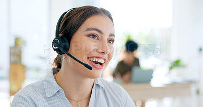 Buy stock photo Callcenter, communication and CRM, woman and phone call with telecom or customer service. Contact us, headset and mic with help desk and talking for telemarketing sales and consultant at office