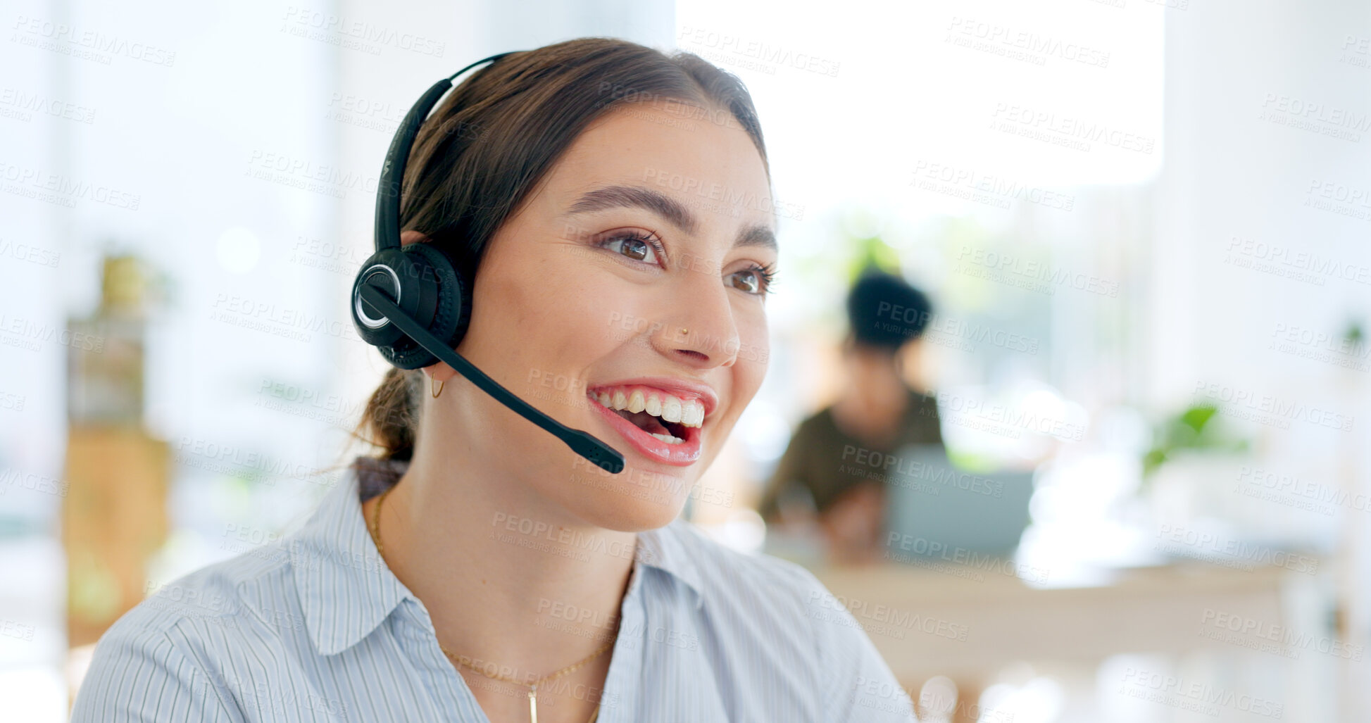 Buy stock photo Callcenter, communication and CRM, woman and phone call with telecom or customer service. Contact us, headset and mic with help desk and talking for telemarketing sales and consultant at office