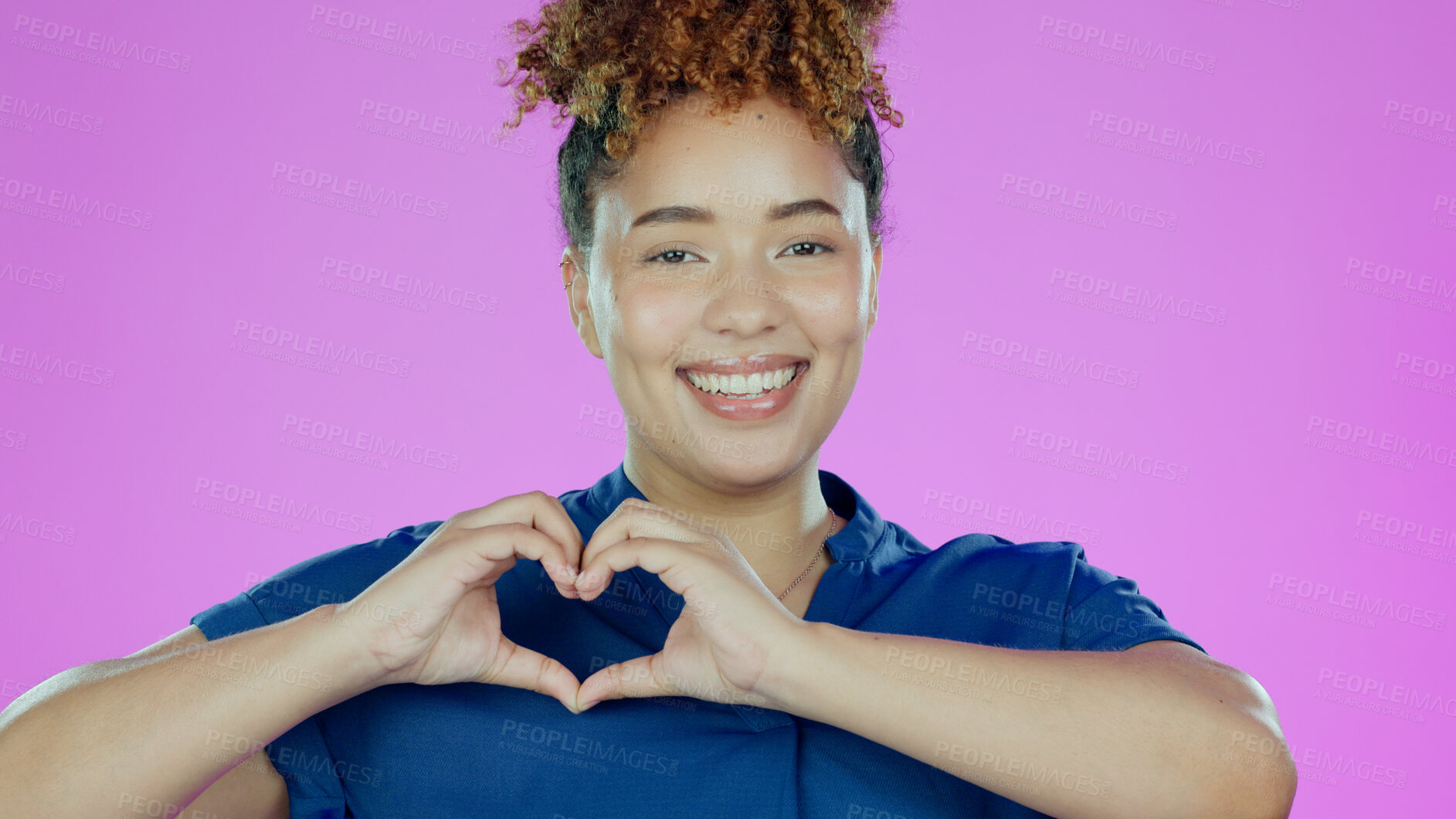 Buy stock photo Heart, hands and portrait, woman with love sign and romance, care and support isolated on pink background. Health, wellness and charity with emoji or hand gesture in studio, feedback or review