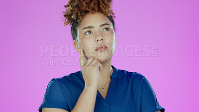 Buy stock photo Woman, thinking and question for idea, plan and doubt with question, unsure and isolated on purple studio background. Decision, confused and mockup space with choice, wondering and concentrating