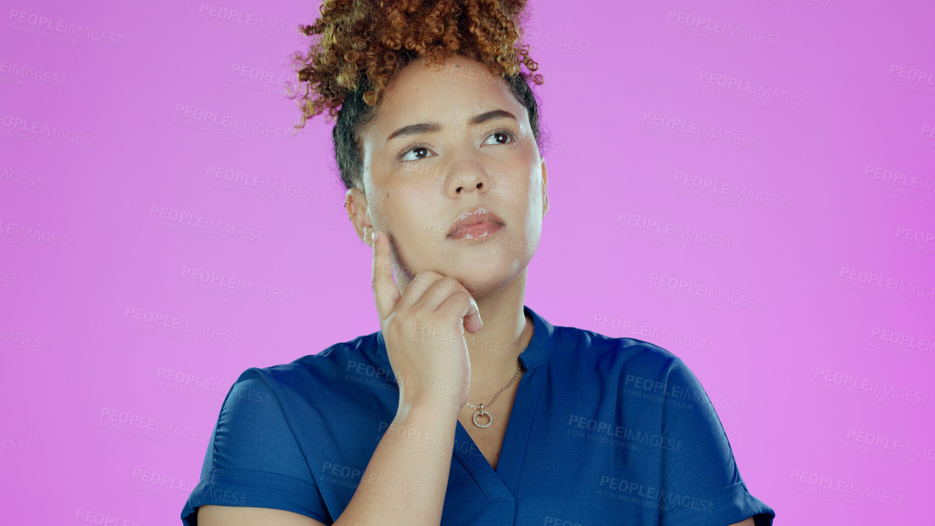 Buy stock photo Woman, thinking and question for idea, plan and doubt with question, unsure and isolated on purple studio background. Decision, confused and mockup space with choice, wondering and concentrating