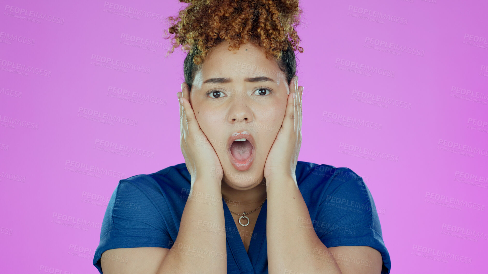 Buy stock photo Wow, surprise and portrait of woman with fear, worried and scared isolated in a studio purple background. Confused, omg and shocked young person in Brazil amazed by announcement, gossip or secret