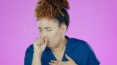 Sick, black woman and cough with pain, health and lady against a studio background. Jamaican female, lady and illness with chest burns, hand on mouth and asthma with allergy, isolation and suffering