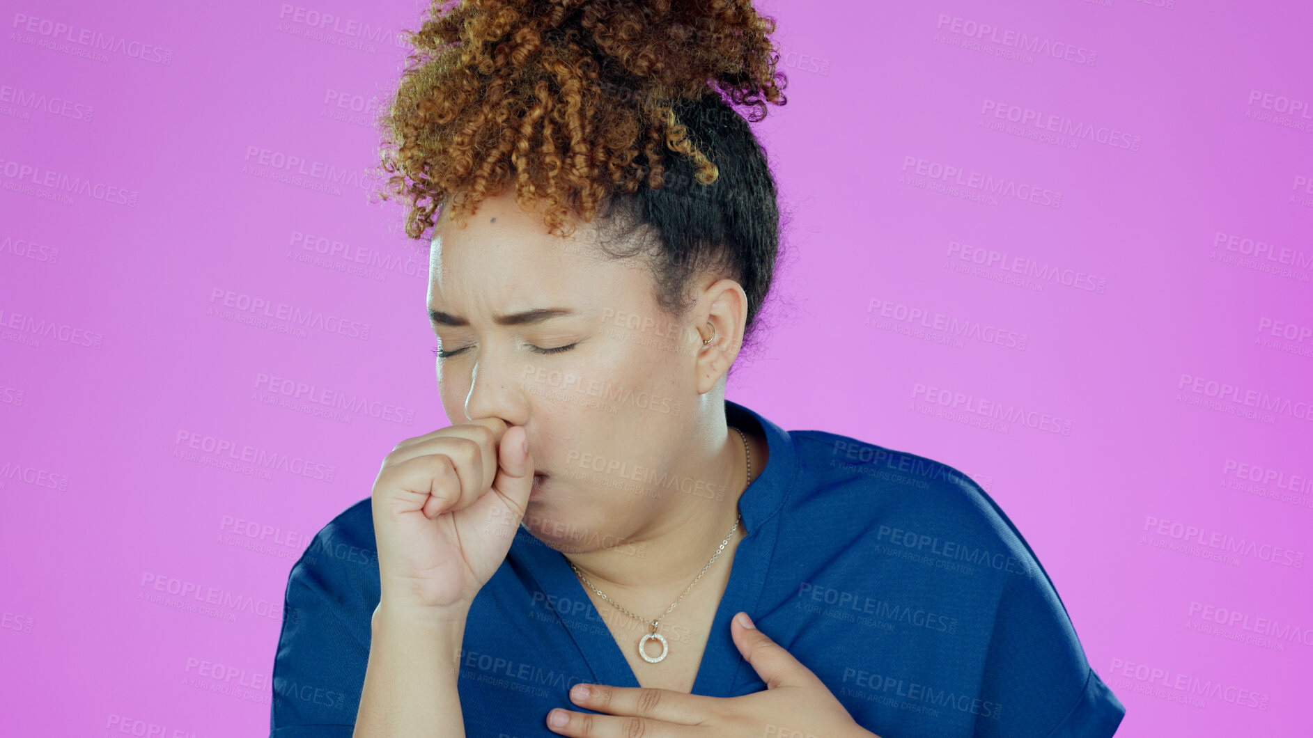 Buy stock photo Woman, cough with chest pain and sick in studio, health crisis and tuberculosis on pink background. Healthcare, heart burn and virus with bacteria, infection and lungs, fail with wellness and flu