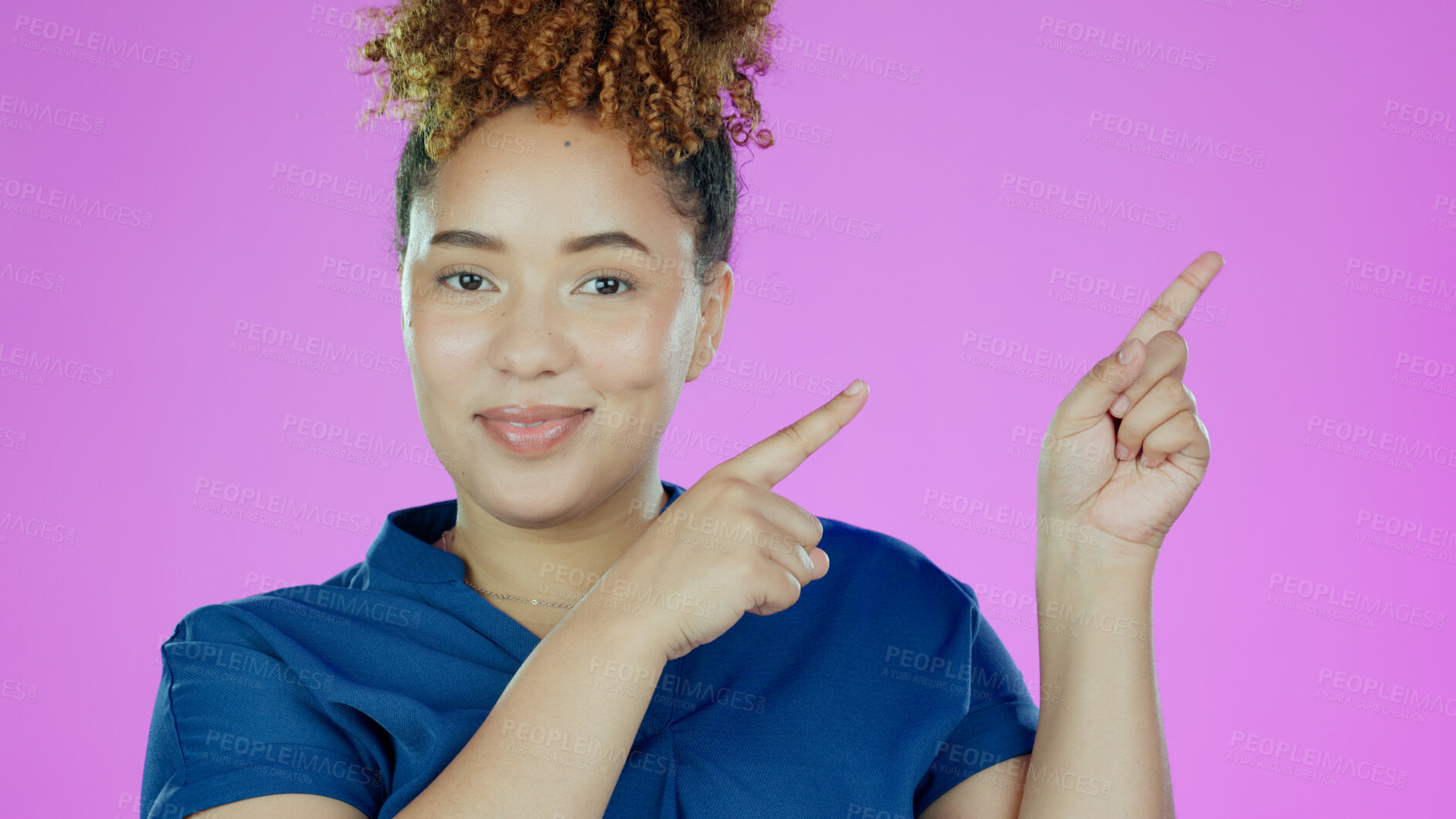 Buy stock photo Woman, portrait and pointing at information for advertising, announcement or offer with smile on pink background. Direction, marketing and news with opportunity, mockup with promo or advice in studio