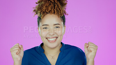 Buy stock photo Happy woman, face and fist pump in celebration for winning or success against a studio background. Portrait of excited female person smile in happiness for bonus, promotion or sale discount on mockup