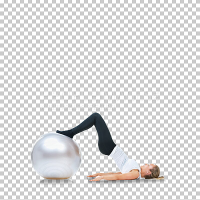 Buy stock photo Woman, exercise ball and butt workout with hip thrust and fitness training with balance. Female person, health equipment and isolated on a transparent, png background with leg muscle and wellness