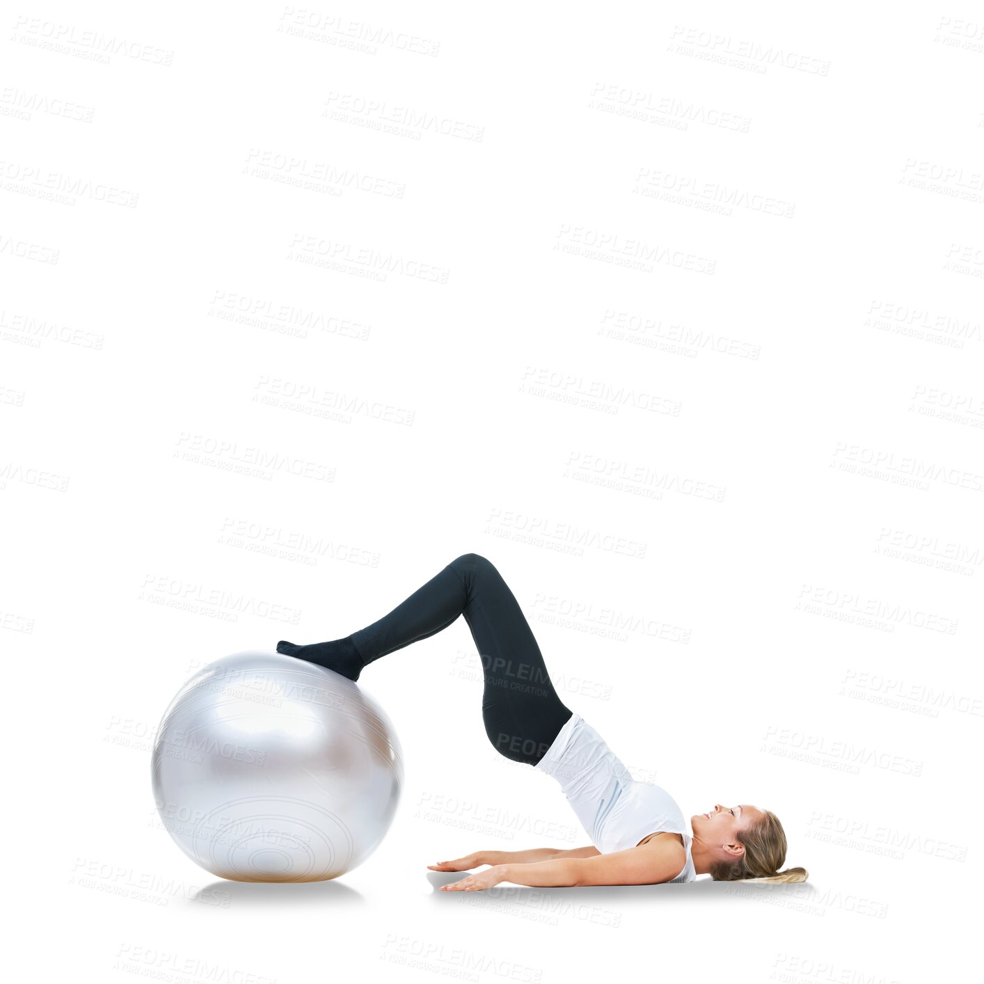 Buy stock photo Woman, exercise ball and butt workout with hip thrust and fitness training with balance. Female person, health equipment and isolated on a transparent, png background with leg muscle and wellness