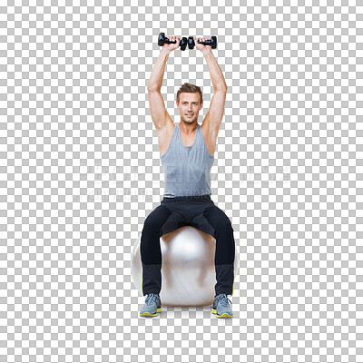 Buy stock photo Fitness, weights and portrait of man on ball on isolated, png and transparent background for weightlifting. Muscle, wellness and male person with dumbbells for exercise, training or balance workout