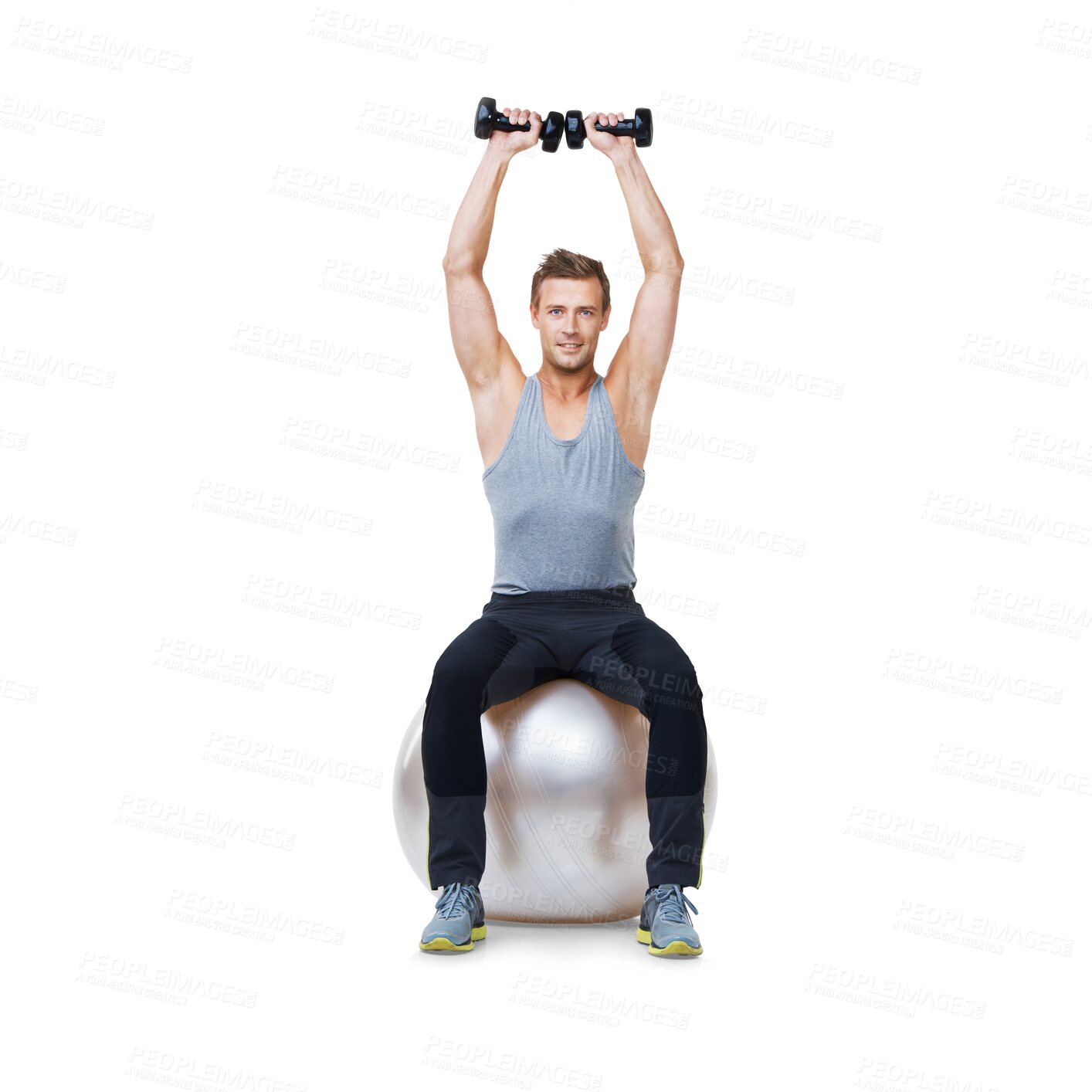 Buy stock photo Fitness, weights and portrait of man on ball on isolated, png and transparent background for weightlifting. Muscle, wellness and male person with dumbbells for exercise, training or balance workout