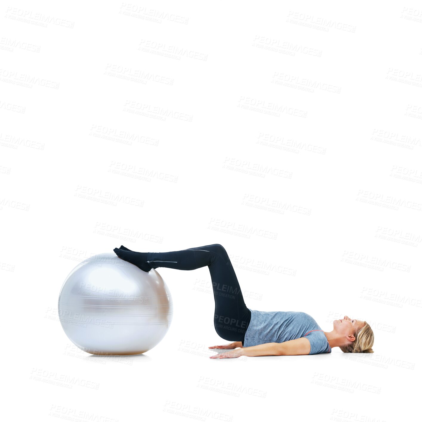 Buy stock photo Fitness, woman with feet on exercise ball and body training isolated on transparent png background. Pilates, workout and girl balance legs for health, wellness and sports motivation with commitment