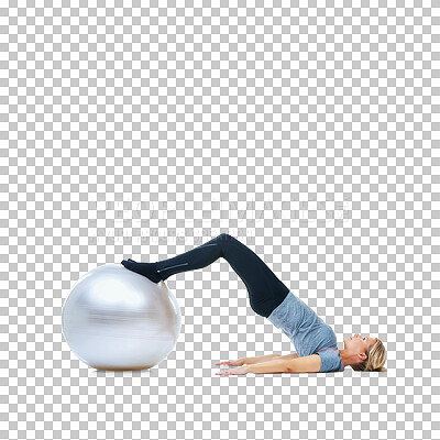 Buy stock photo Fitness, stretching woman on pilates ball and body training isolated on transparent png background. Exercise, workout and balance, girl with health and wellness for sports motivation with commitment.