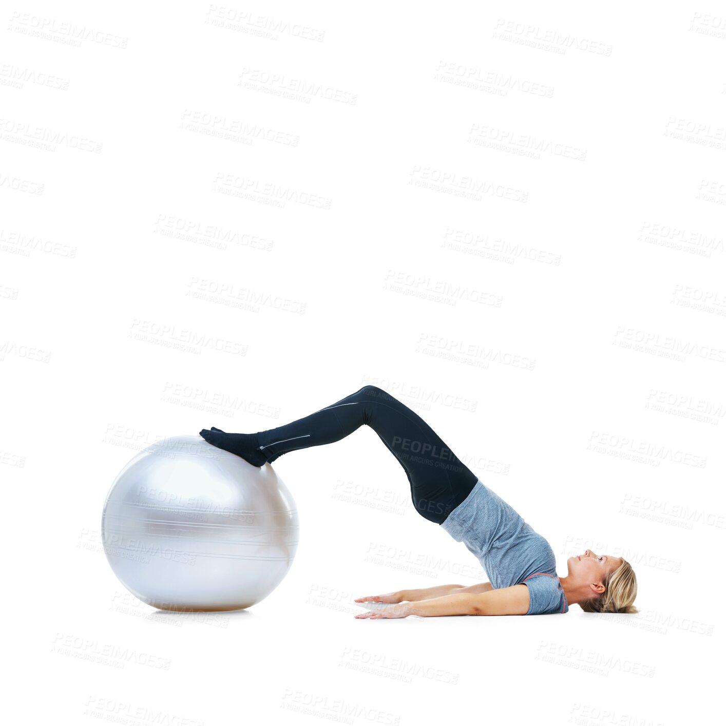 Buy stock photo Fitness, stretching woman on pilates ball and body training isolated on transparent png background. Exercise, workout and balance, girl with health and wellness for sports motivation with commitment.