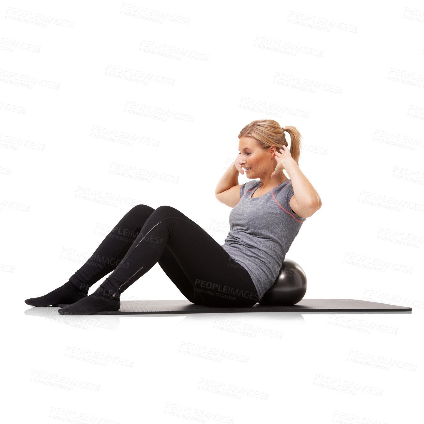 Buy stock photo Woman, exercise and ball with sit ups, workout and training on gym and yoga mat for health. young female person, fitness and core strength isolated on a transparent, png background for wellness