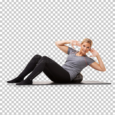 Buy stock photo Woman, exercise portrait and pilates ball with sit ups, workout and training with yoga mat for health. Female person, fitness and core strength isolated on transparent, png background for wellness