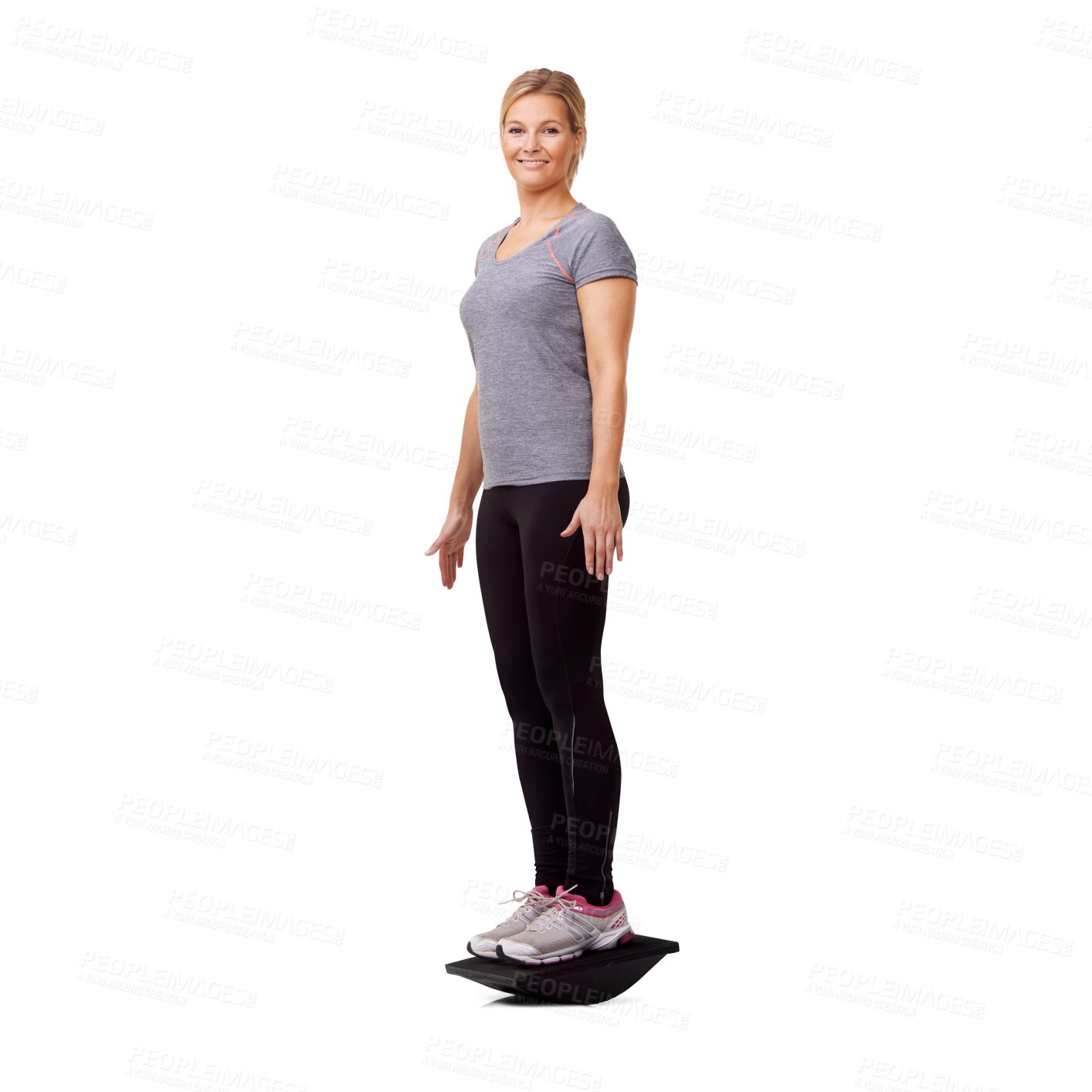 Buy stock photo Balance board, woman and fitness portrait with workout and sport training with a smile. Female person, athlete and isolated on a transparent, png background for exercise, health and body wellness