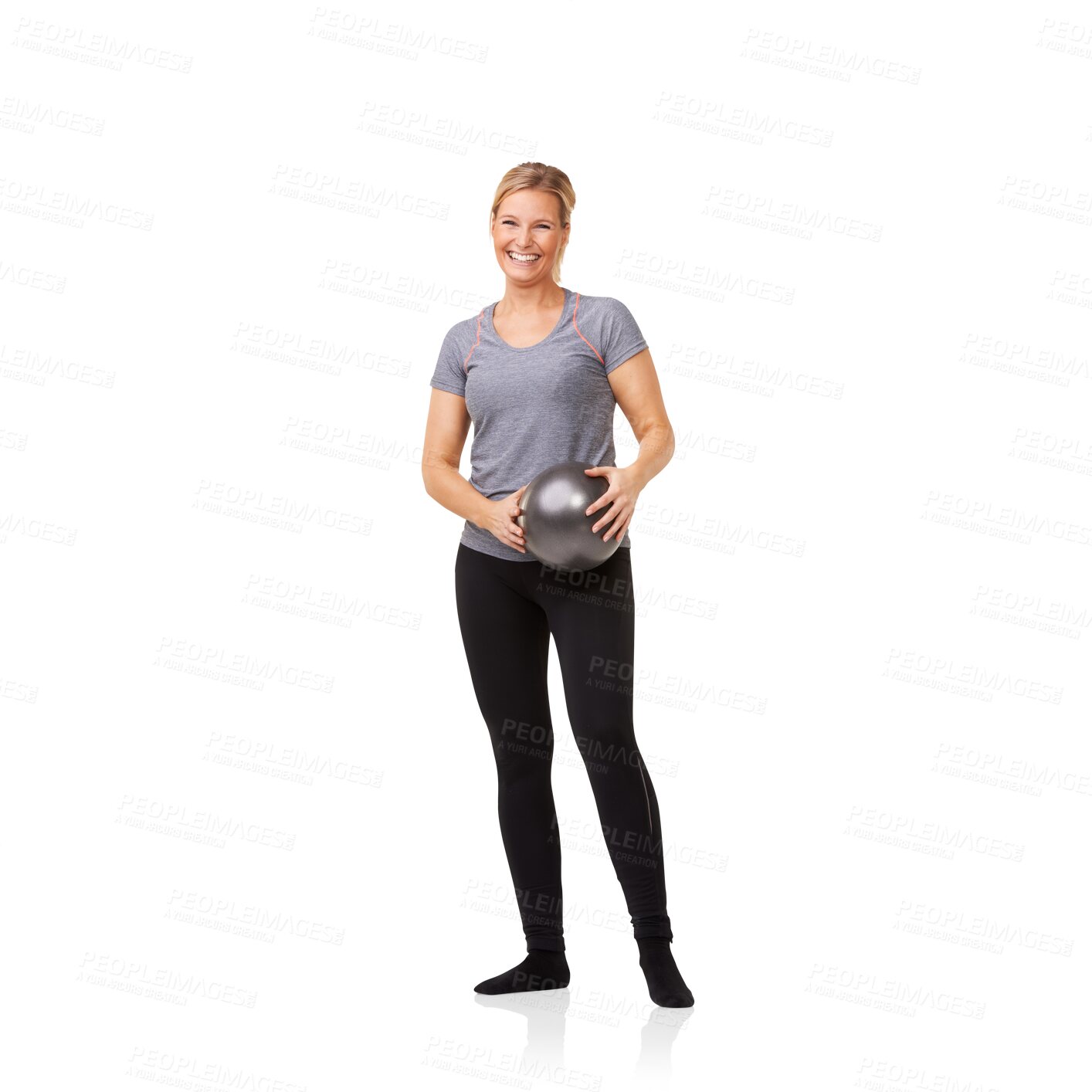 Buy stock photo Fitness, portrait and happy woman with a medicine ball against isolated, transparent and png background. Smile, pilates and female personal trainer a a gym for training, exercise and active lifestyle