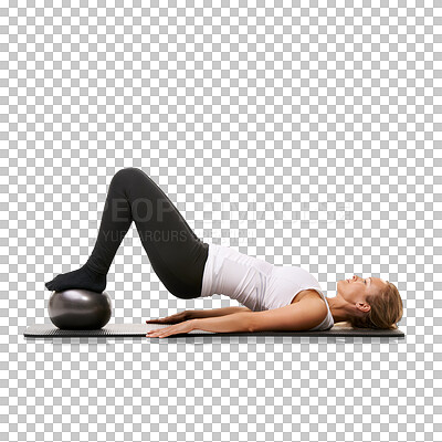 Buy stock photo Woman, hip workout and pilates ball with arm and muscle training for wellness exercise. Female person, profile and yoga mat isolated on a transparent, png background with glute raise and fitness